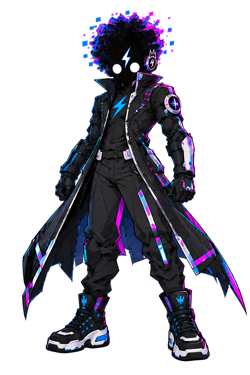 GREIGH.EXE in his ready stance, with solid white circular eyes, a white lightning mark, an afro, a headset, and a long dark coat with blue and magenta accents.